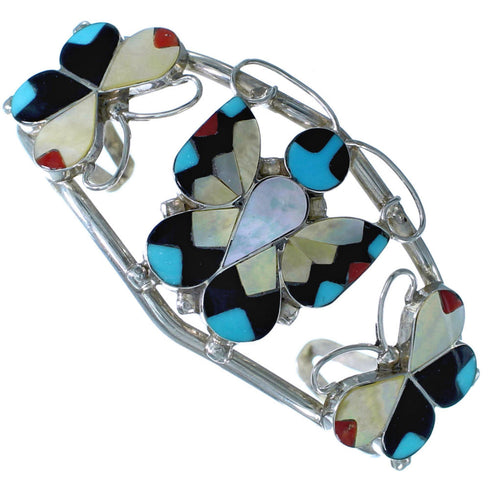 Zuni Indian Multicolor Sterling Silver Butterfly Inlay Cuff Bracelet BX116991